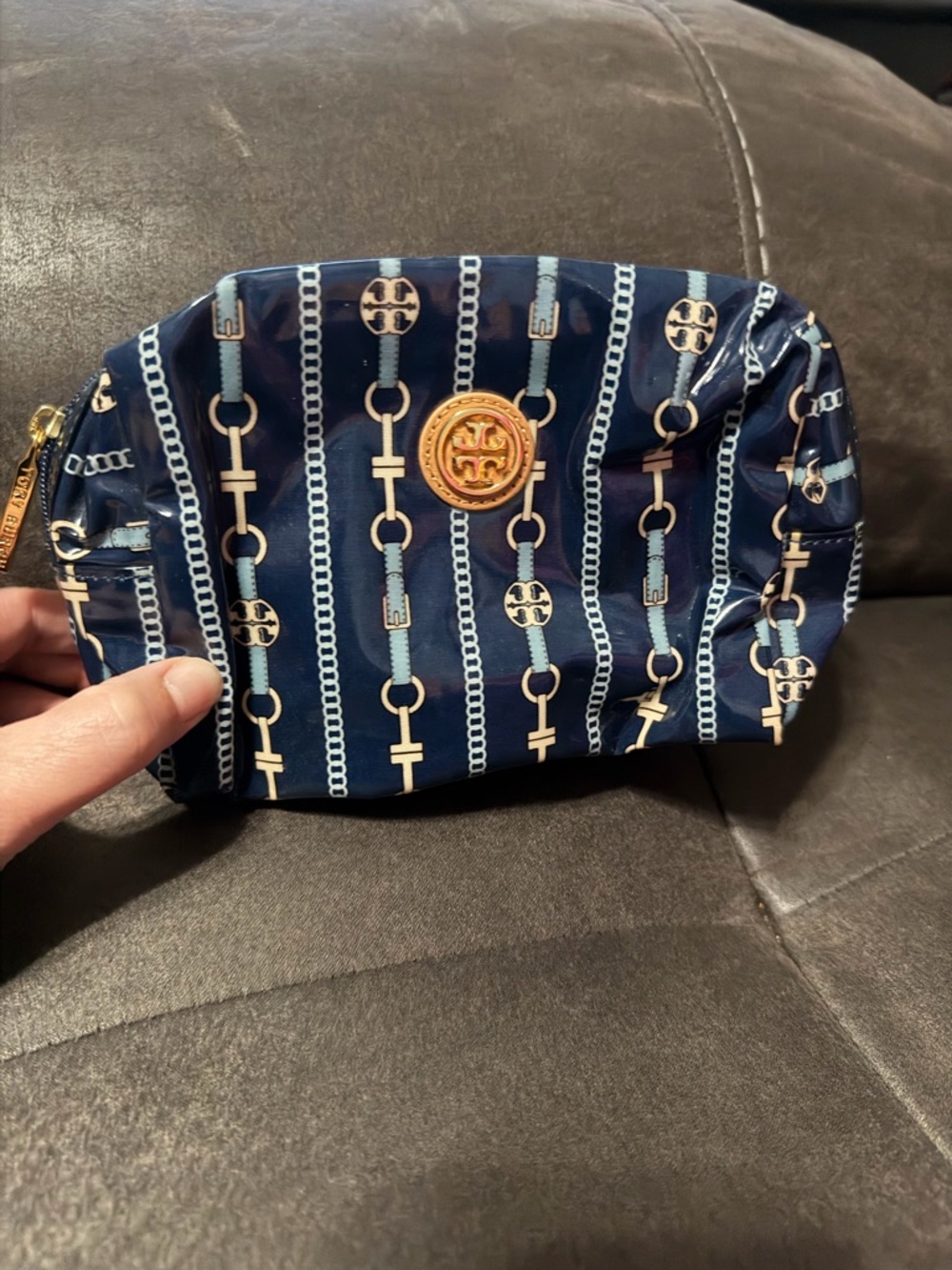 Tory Burch Navy and Gold Logo Zip Pouch
